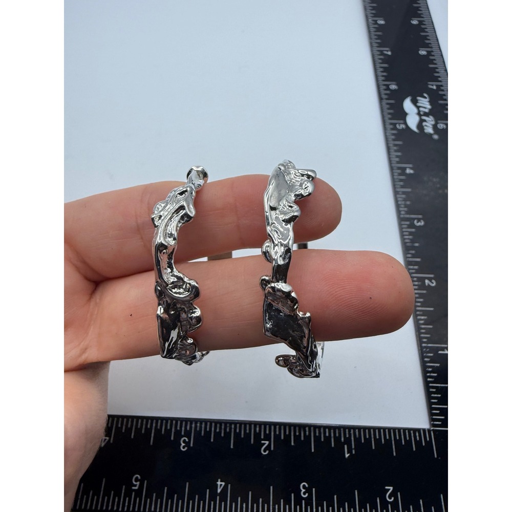 Silver Molten Metal Textured Hoop Earrings Abstract Organic Liquid Statement 2"